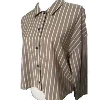Photo of NWOT Everlane The Way-Short Boxy Tan White Striped ¾ Sleeve Shirt Cotton-Medium