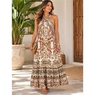 Photo of ANTHROPOLOGIE VINEET BAHL Printed Halter Maxi Dress Brown Cream Size 1X