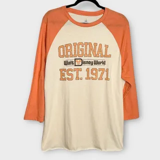 Photo of DISNEY PARKS Walt Disney World Retro Raglan Baseball Tee Men's Large Orange Tan