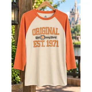 Photo of DISNEY PARKS Walt Disney World Retro Raglan Baseball Tee Men's Large Orange Tan