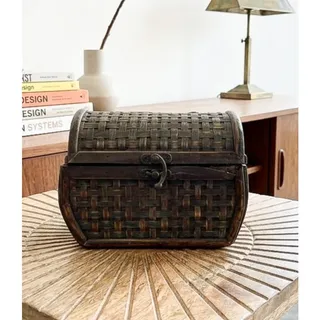 Photo of Vintage Rustic/Boho/Eclectic Woven Rattan and Wood Trinket Box/Treasure Chest
