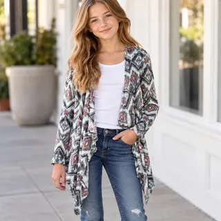 Photo of Justice Girls Aztec Geometric Print Open Front Cardigan Gray Size 12 Boho West
