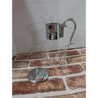 Photo of Vintage Glass Coffee Tea Carafe Silver Tone Pierced Collar Scroll Handle Lid 10"
