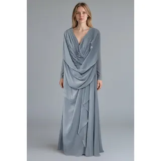 Photo of Gray Blue Ruched V Neck Long Formal Gown Mother of Bride Evening Dress Size 16

