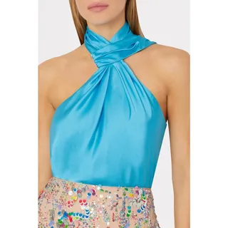 Photo of MILLY Jen Satin Halter Top in Sky Blue Medium M NWT Luxe Resort Neo Minimalism