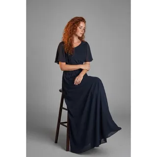 Photo of Navy Blue Formal Gown Flutter Sleeve Ruched Rhinestone Waist Mother of Bride Dress

