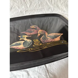 Photo of Couroc of Monterey Ducks Wood Inlay Black Resin Tray Mid Century Modern Bar MCM