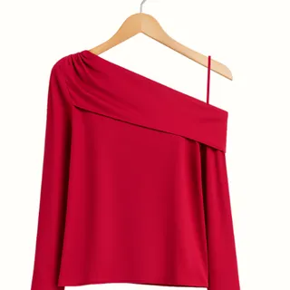 Photo of WHBM Cherry Red Off Shoulder Satin Blouse Excellent Condition Size 14