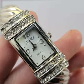 Photo of Vintage Studio Womens Watch White Dial Silver Case Gemmed Bangle Quartz Analog