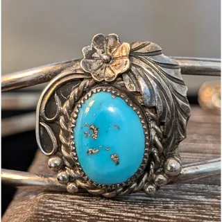 Photo of Vintage Signed SM Native Turquoise Rose Leaf Split Band Sterling Cuff Bracelet