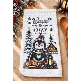 Photo of Warm & Cozy Penguin Winter Kitchen Towel Buffalo Plaid Farmhouse Decor