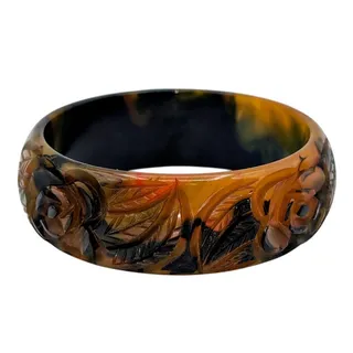 Photo of Rare 1930s Carved Roses Translucent End of Day Bakelite Bangle Bracelet