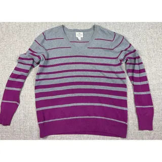 Photo of St Johns Bay Sweater Womens Large Gray Purple Striped V Neck 100% Cotton