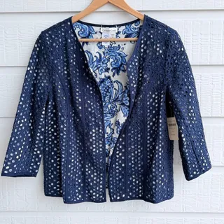 Photo of Coldwater Creek Reversible Navy Eyelet Floral Jacket 10