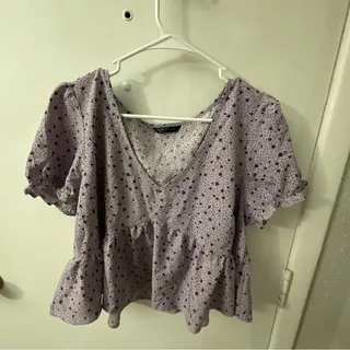 Photo of SHEIN Curve Purple Pattern Ruffle Crop Top Size 1X Plus Size Coquette Girl Boho