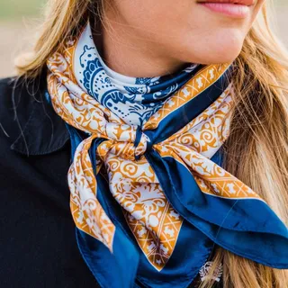 Photo of Blue Two Toned Paisley Printed Western Southwestern Wild Rag Scarf Accent