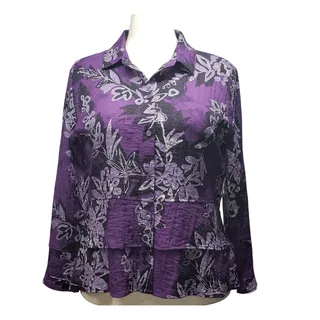 Photo of Habitat Purple Floral Blouse Sz M Ruffles Double Peplum Cottagecore Romantic Top