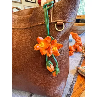 Photo of Genuine Leather Trailing Orange Flower Purse Charm Leather Bag Charm