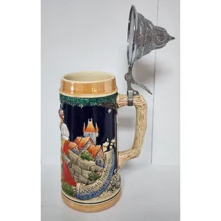 Photo of Vintage German Beer Stein Pewter Lid Hand Painted Relief 9.5" Heavy Ceramic