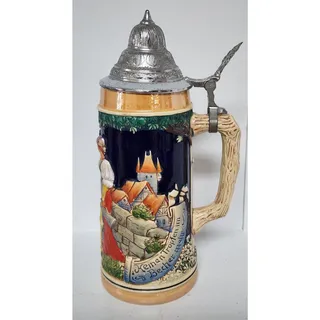 Photo of Vintage German Beer Stein Pewter Lid Hand Painted Relief 9.5" Heavy Ceramic