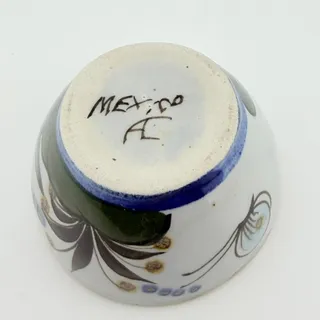 Photo of Mexican Pottery Bowl Blue Bird Floral Hand Painted Signed Mexico 3.5 Inch