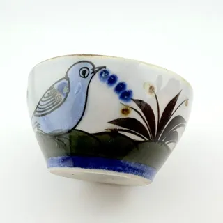 Photo of Mexican Pottery Bowl Blue Bird Floral Hand Painted Signed Mexico 3.5 Inch