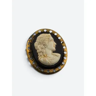 Photo of Vintage Cream Black Cameo Brooch Detailed Portrait Gold Tone Frame Clasp Repair