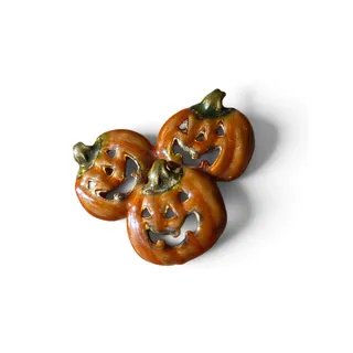 Photo of Halloween Pumpkin Trio Brooch Orange Enamel Jack O Lantern Pin Unsigned