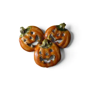 Photo of Halloween Pumpkin Trio Brooch Orange Enamel Jack O Lantern Pin Unsigned