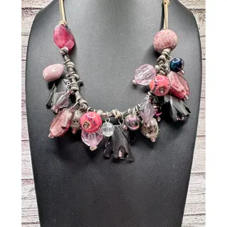 Photo of Pink & Black Elephant Charm Necklace Beaded Boho Statement Adjustable