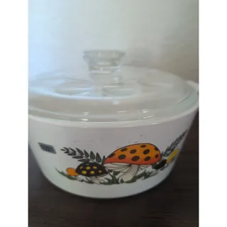 Photo of Vintage 70's Corning Ware Merry Mushroom Baking Dish w/ Glass Dimpled Lid 2 Qt.
