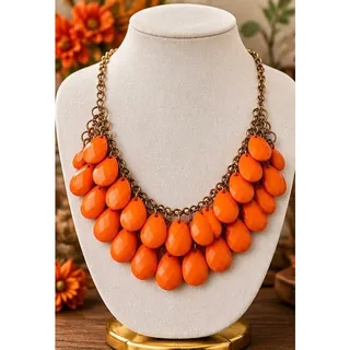 Photo of Topitoff Y2K Orange Faceted Teardrop Bib Necklace Gold Tone 20–24”