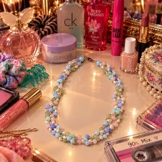Photo of Vintage Triple-Strand Pastel Faux Pearl & Gemstone Necklace, 22”