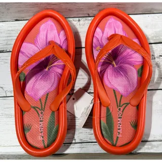 Photo of NEW Farm Rio Womens Orange Cambui Canoe Flip Flops - Purple Lily (Size 6/7)  