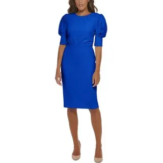Photo of Calvin Klein Sheath Dress Women's 12 Blue Puff-Sleeve Jewel Neck Knee Length