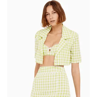 Photo of For Love & Lemons Maureen Gingham Cropped 1/4 Sleeve Blazer Top XL NWT